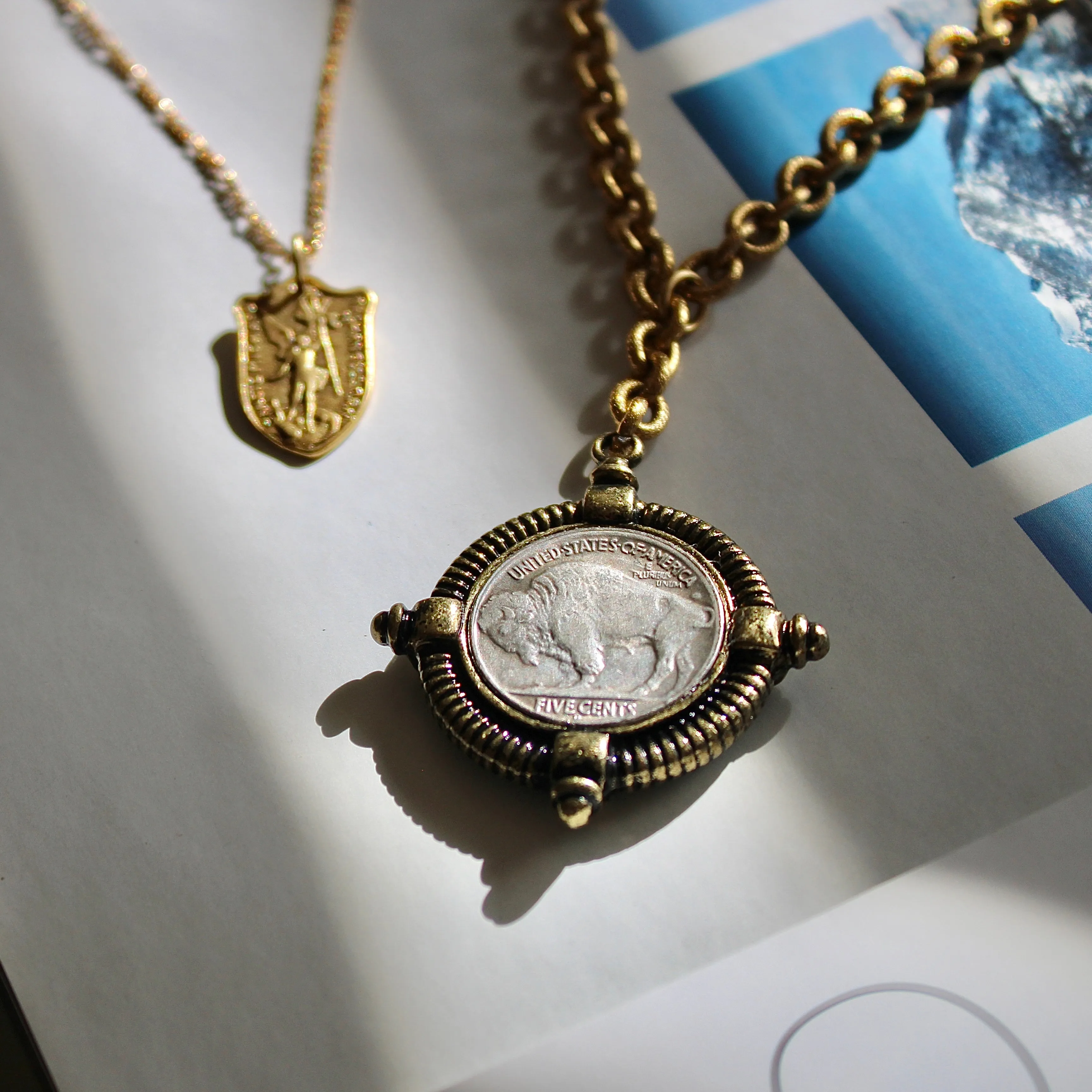 Antiqued Gold Buffalo Coin Necklace