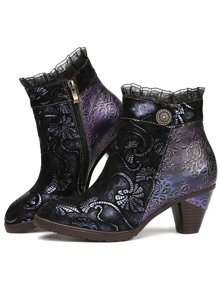 Arleth Handmade Lace Floral Stitching Boots