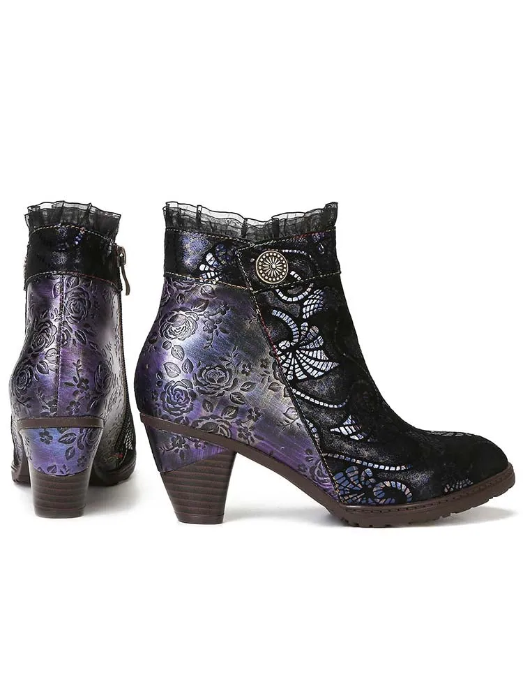 Arleth Handmade Lace Floral Stitching Boots