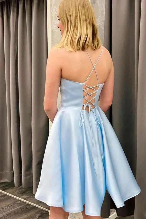 Backless Light Blue Satin Short Prom Homecoming Dress HD0140