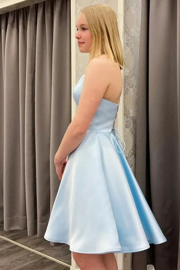 Backless Light Blue Satin Short Prom Homecoming Dress HD0140