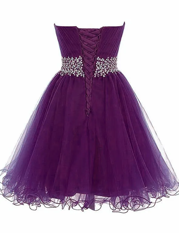 Beautiful Tulle Sweetheart Lace-up Beaded Homecoming Dress, Purple Short Prom Dress