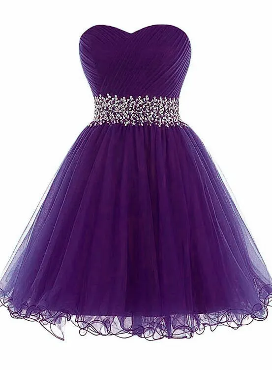 Beautiful Tulle Sweetheart Lace-up Beaded Homecoming Dress, Purple Short Prom Dress