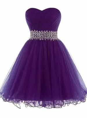 Beautiful Tulle Sweetheart Lace-up Beaded Homecoming Dress, Purple Short Prom Dress