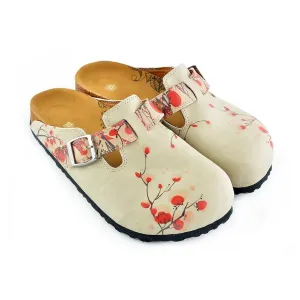 Beige Colored and Red Flowers Patterned Clogs - CAL340