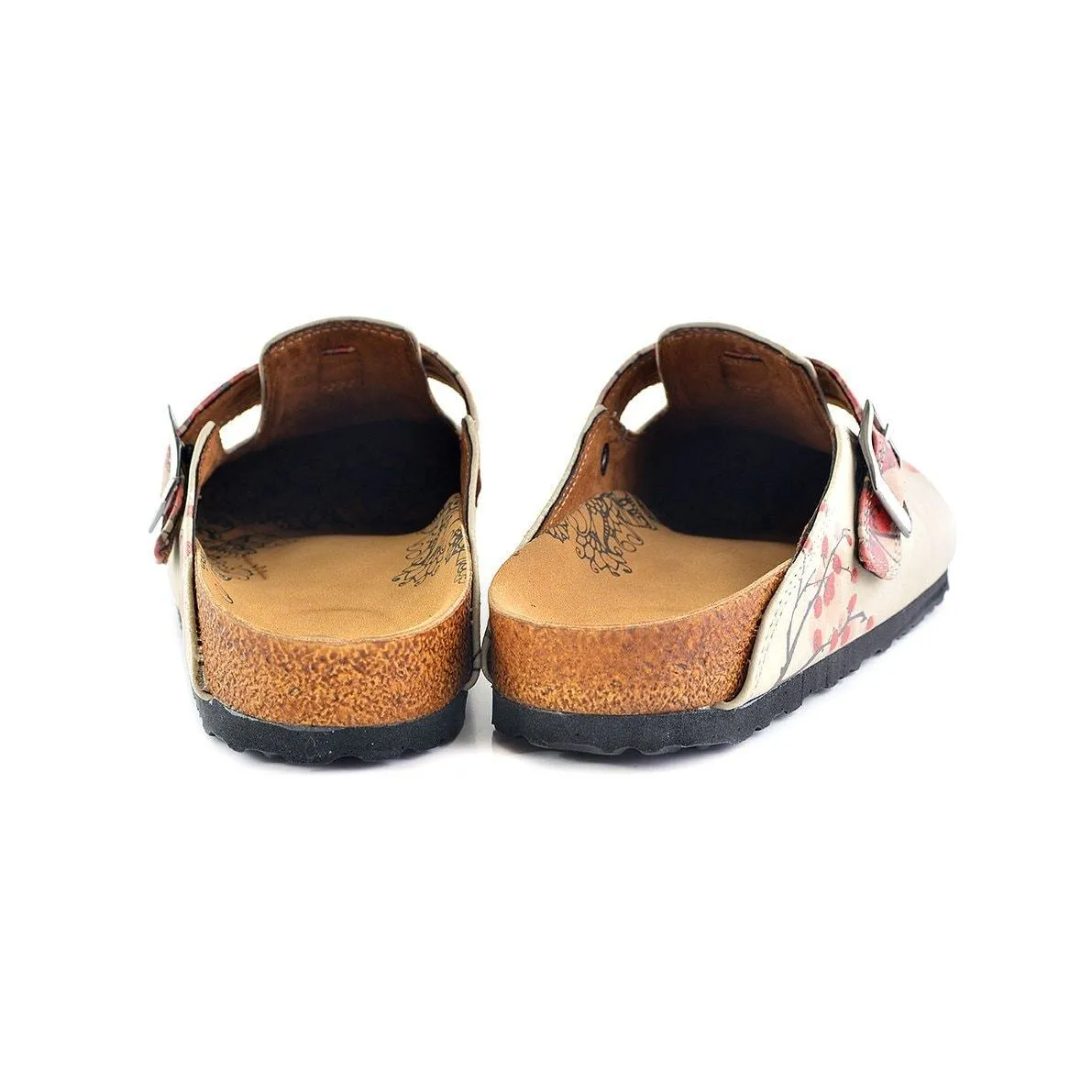 Beige Colored and Red Flowers Patterned Clogs - CAL340