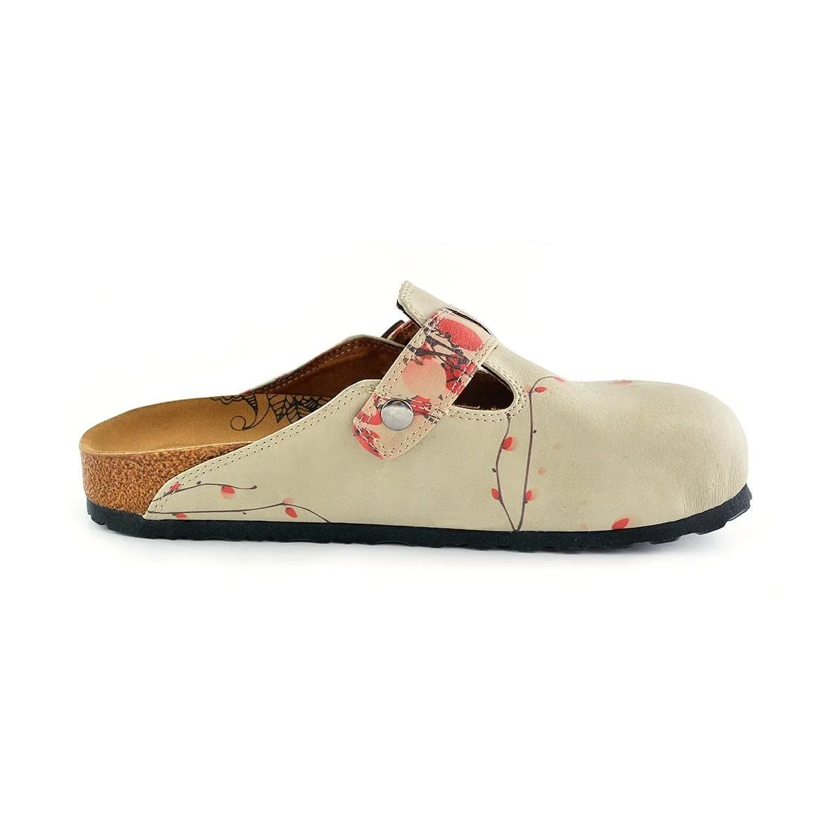 Beige Colored and Red Flowers Patterned Clogs - CAL340