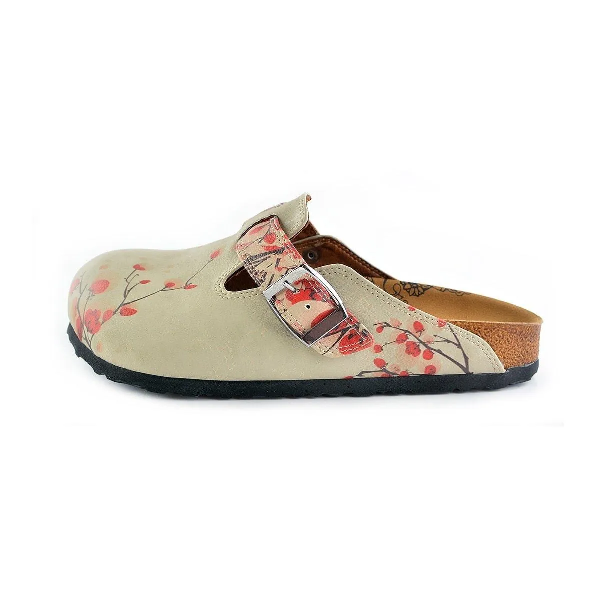 Beige Colored and Red Flowers Patterned Clogs - CAL340