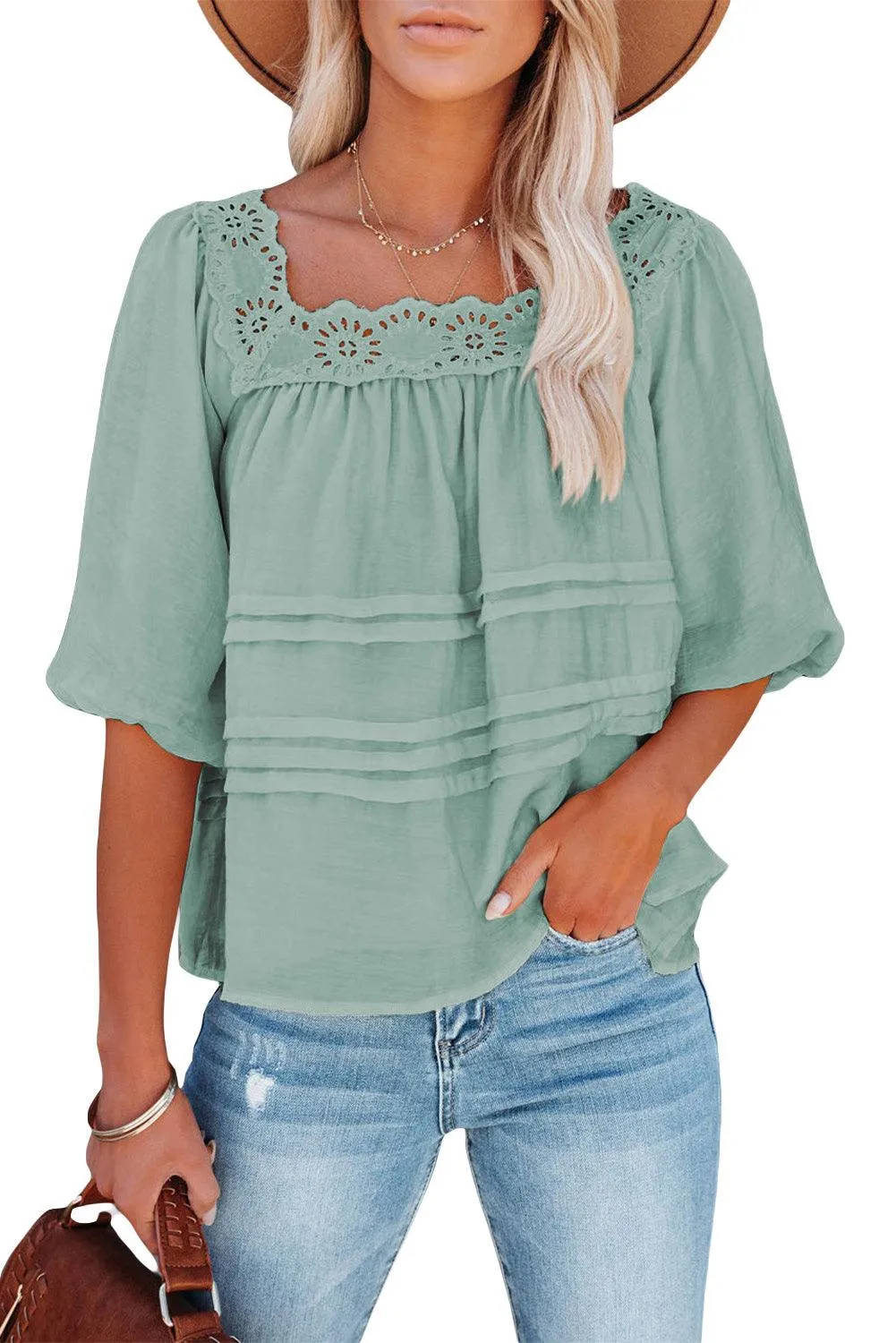 Beige Puff Sleeve Eyelet Babydoll Blouse