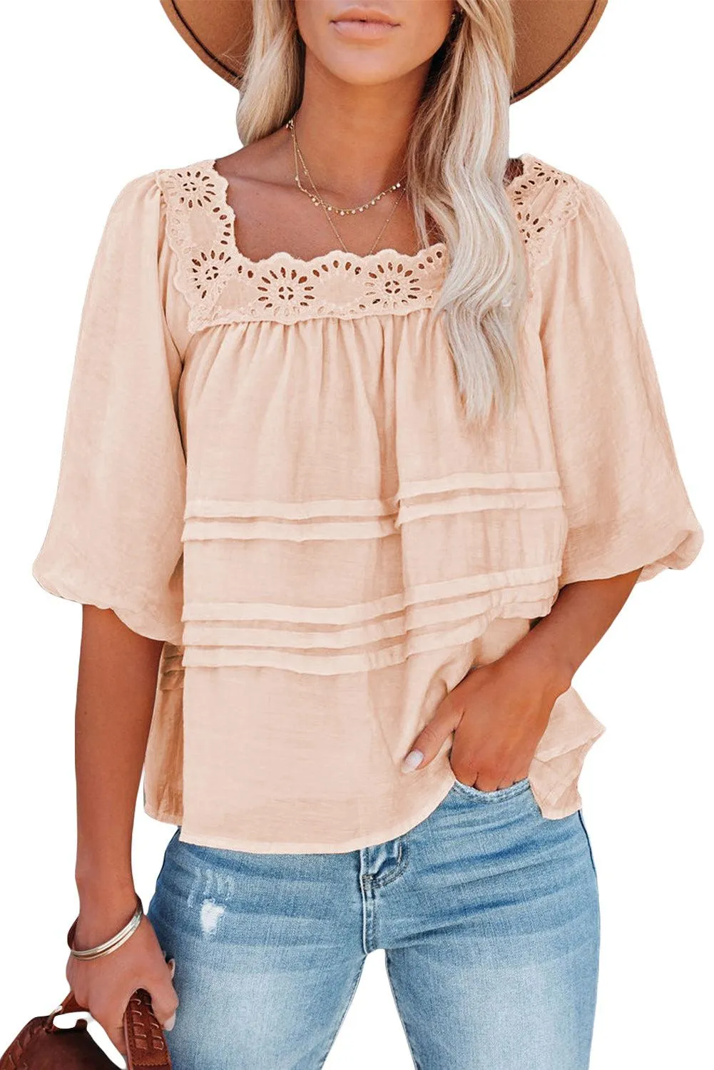 Beige Puff Sleeve Eyelet Babydoll Blouse