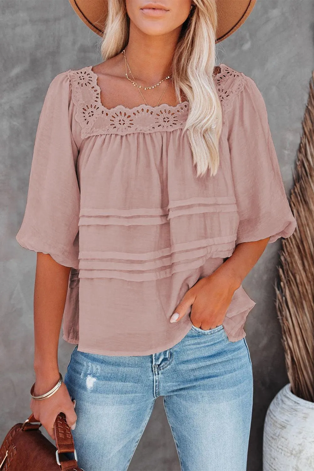 Beige Puff Sleeve Eyelet Babydoll Blouse