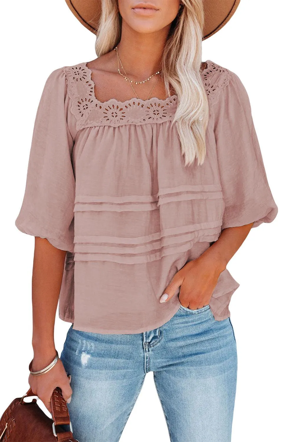 Beige Puff Sleeve Eyelet Babydoll Blouse