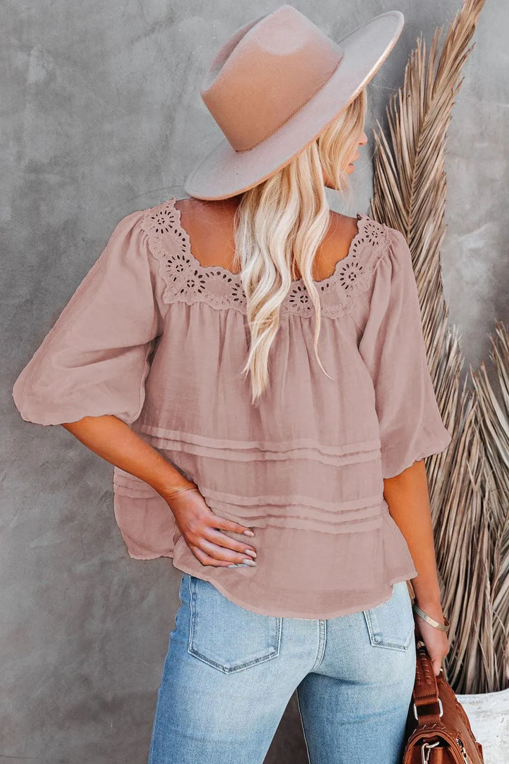 Beige Puff Sleeve Eyelet Babydoll Blouse