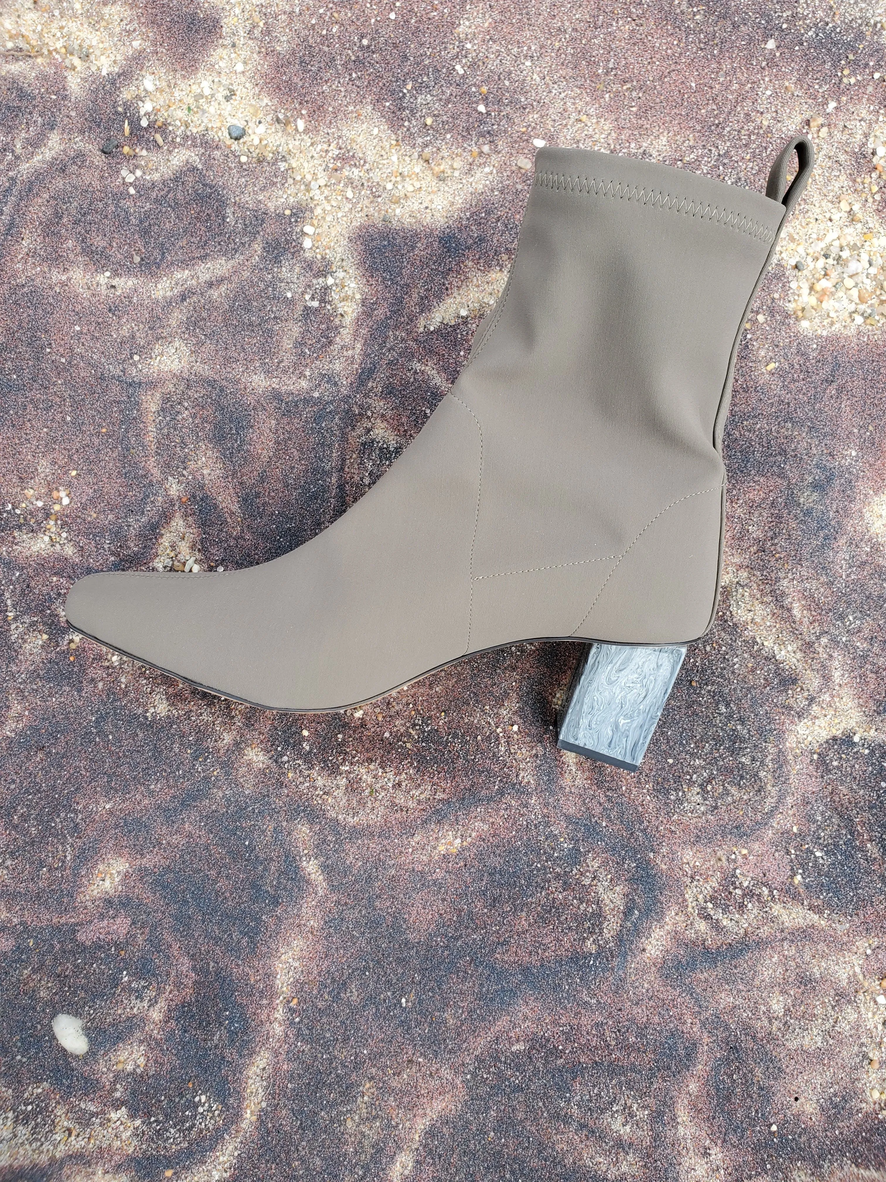 Binx Boot in Matte Lycra - Khaki with Grey Marble Heel