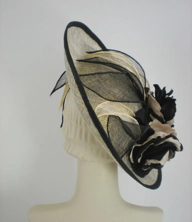 Black and Metallic Gold Kentucky Derby Fascinator Hat for Women - Church Hat - Ladies Tea Hat - Sinamay Hat
