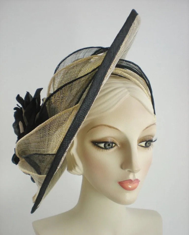 Black and Metallic Gold Kentucky Derby Fascinator Hat for Women - Church Hat - Ladies Tea Hat - Sinamay Hat