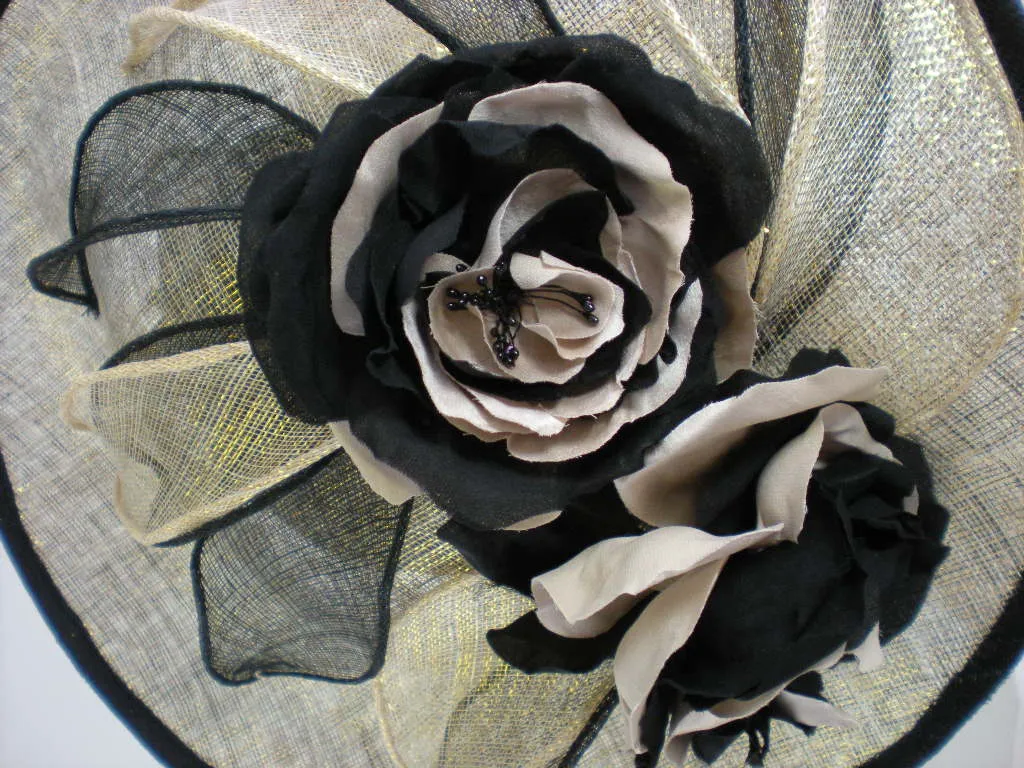 Black and Metallic Gold Kentucky Derby Fascinator Hat for Women - Church Hat - Ladies Tea Hat - Sinamay Hat