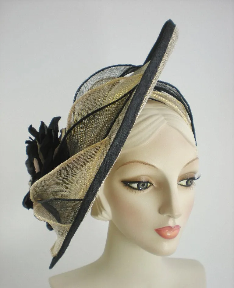 Black and Metallic Gold Kentucky Derby Fascinator Hat for Women - Church Hat - Ladies Tea Hat - Sinamay Hat