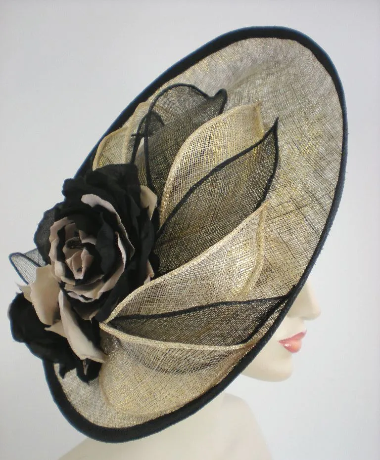 Black and Metallic Gold Kentucky Derby Fascinator Hat for Women - Church Hat - Ladies Tea Hat - Sinamay Hat