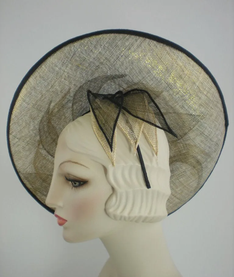 Black and Metallic Gold Kentucky Derby Fascinator Hat for Women - Church Hat - Ladies Tea Hat - Sinamay Hat