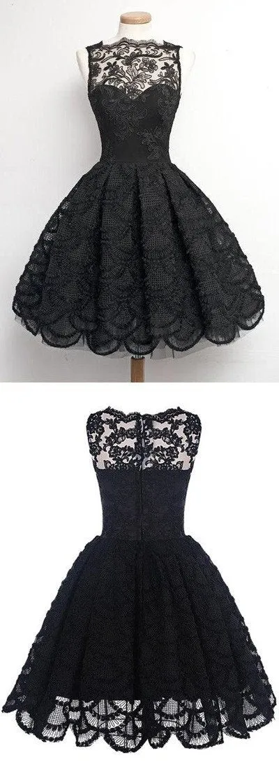 Black Lace A-Line Scalloped-Edge Vintage Homecoming Dress, Short Prom Dress, MH108