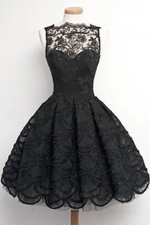 Black Lace A-Line Scalloped-Edge Vintage Homecoming Dress, Short Prom Dress, MH108