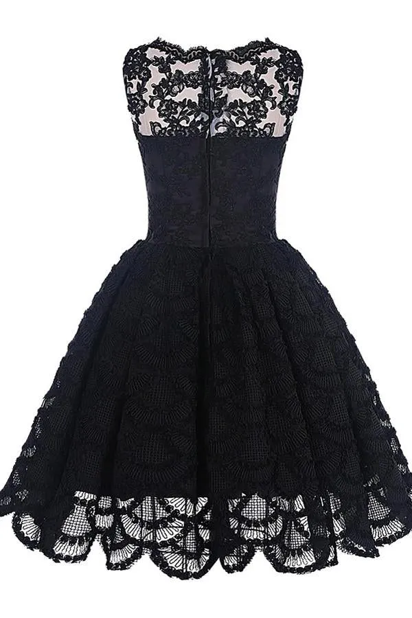 Black Lace A-Line Scalloped-Edge Vintage Homecoming Dress, Short Prom Dress, MH108