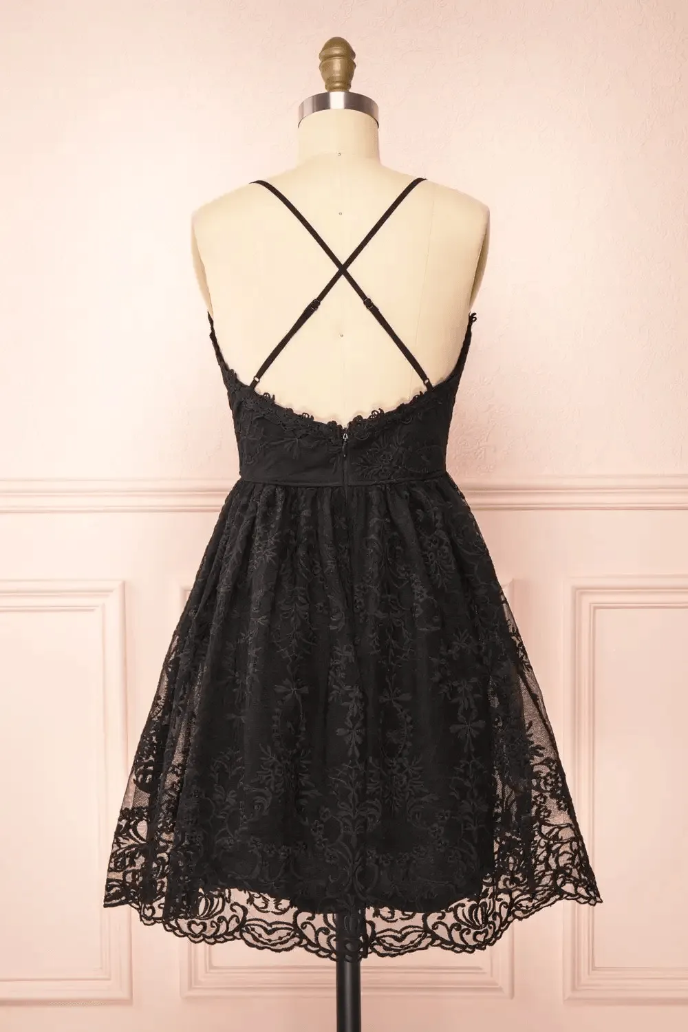 Black Lace Straps A-line Short Party Dress Lace Homecoming Dresses HD0175