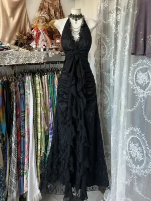 Black Lace V-neckline A-line Halter Party Dress, Black Charming Style Prom Dress