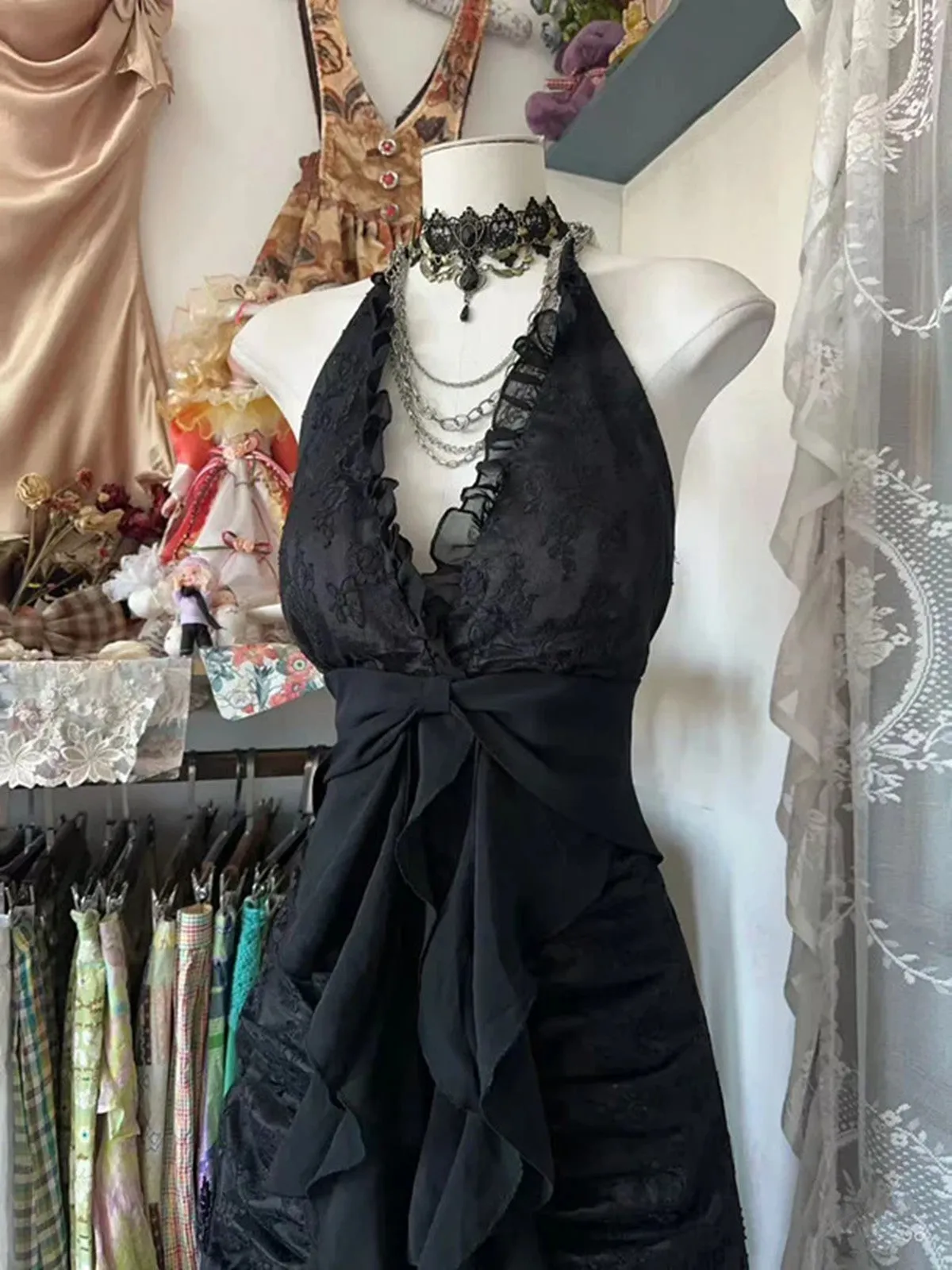 Black Lace V-neckline A-line Halter Party Dress, Black Charming Style Prom Dress