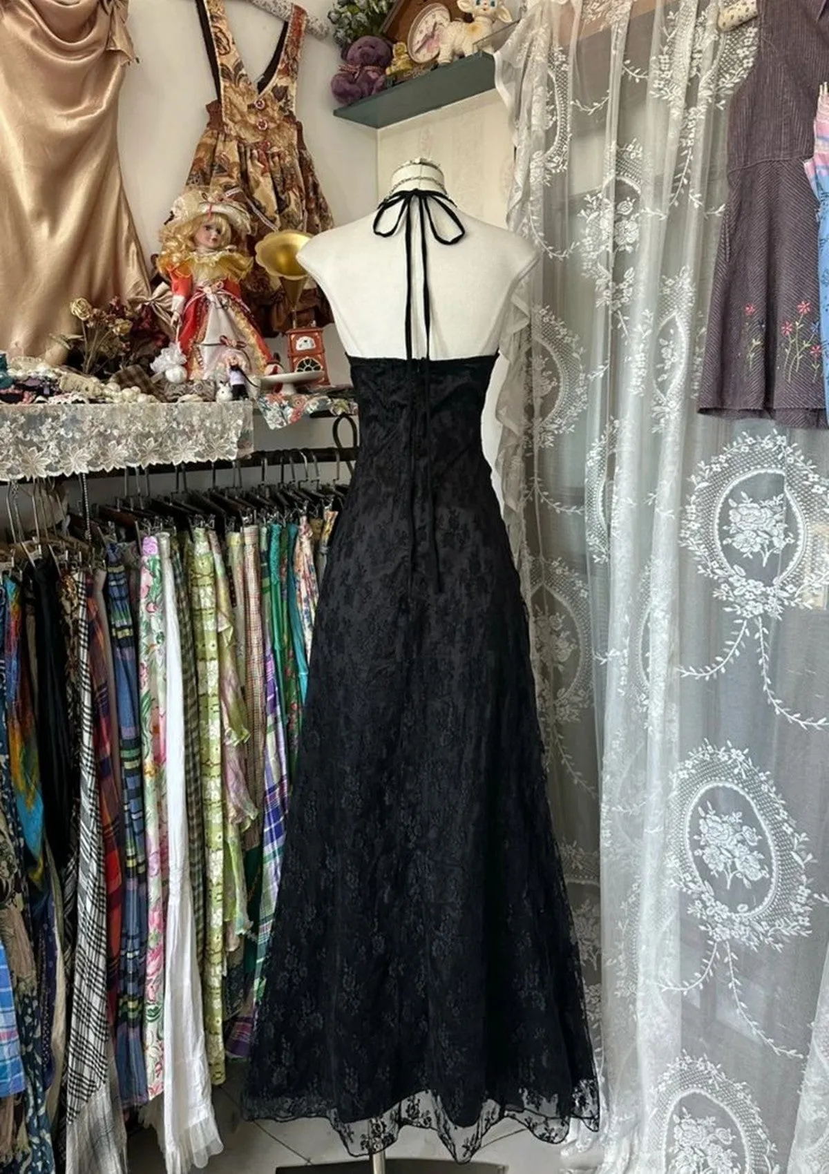 Black Lace V-neckline A-line Halter Party Dress, Black Charming Style Prom Dress