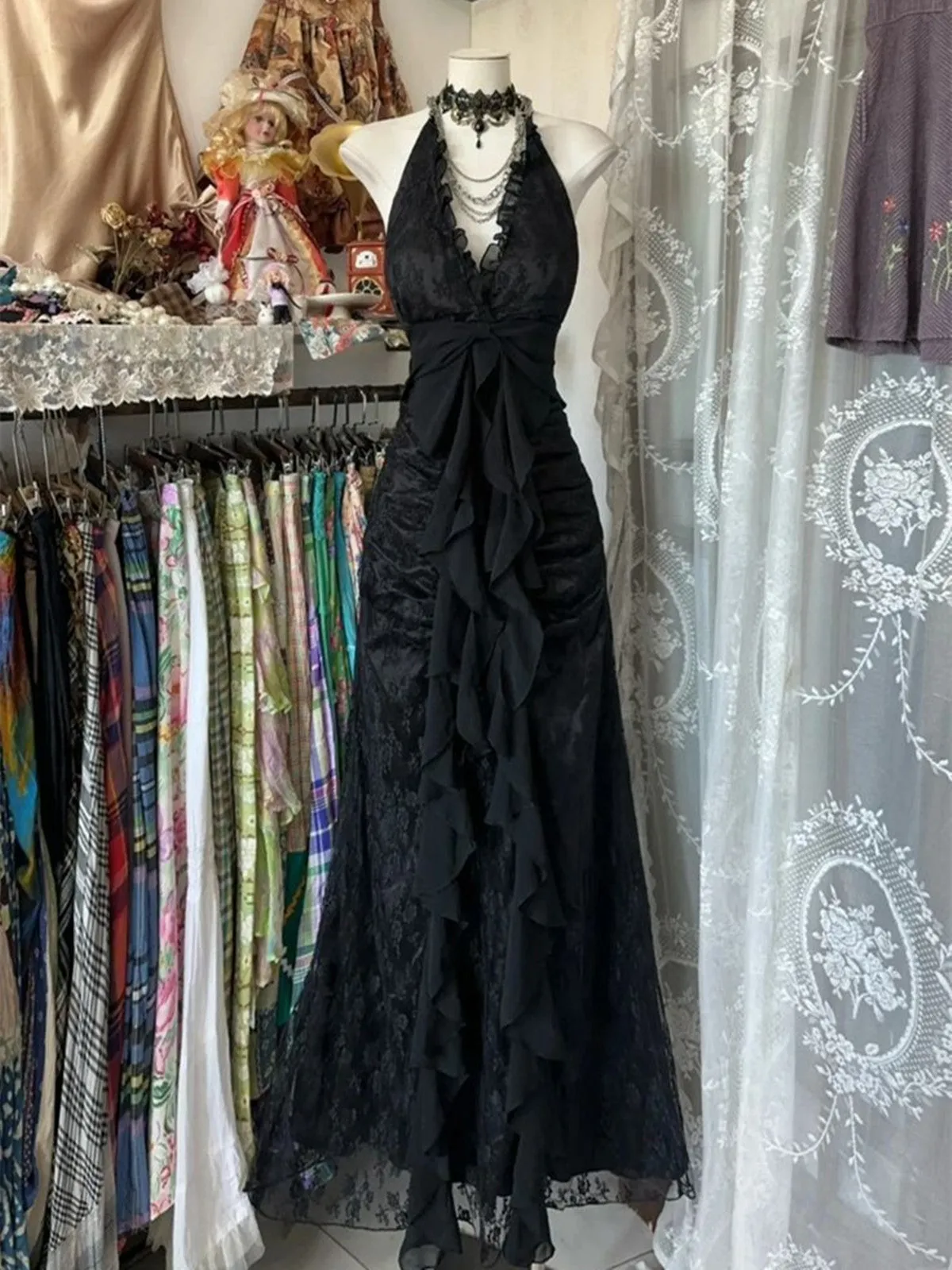 Black Lace V-neckline A-line Halter Party Dress, Black Charming Style Prom Dress