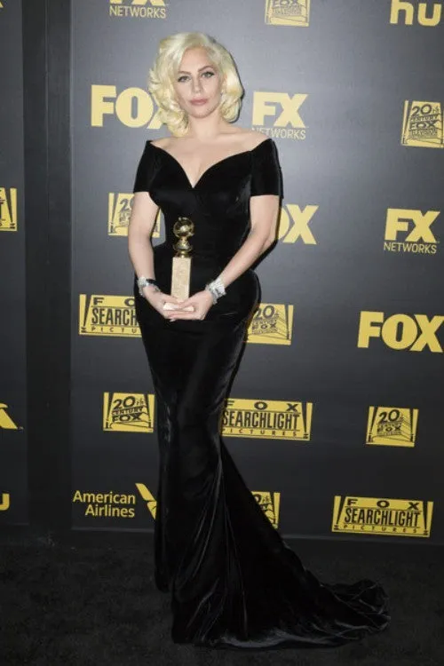 Black Lady Gaga Velvet Prom Celebrity Dress Evening Gown Golden Globes