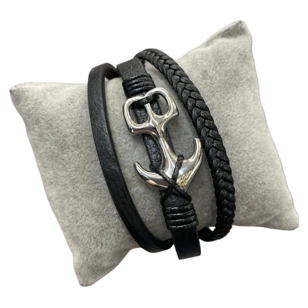 Black Leather Anchor Bracelet