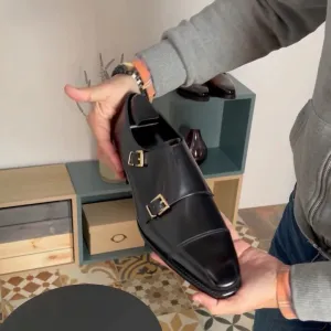 Black Leather Soren Double Monk Strap Toe Cap Shoes - Monk Shoes