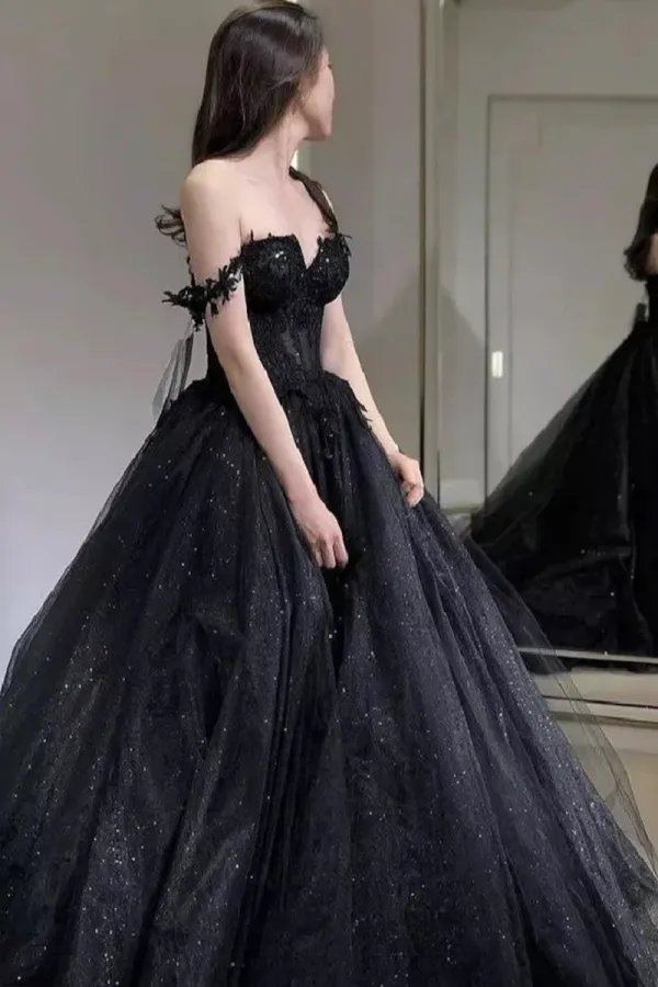 Black Off the Shoulder Tulle Lace Princess Dress, Shiny Tulle Floor Length Evening Party Dress APP0835