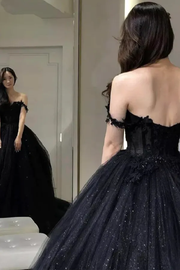 Black Off the Shoulder Tulle Lace Princess Dress, Shiny Tulle Floor Length Evening Party Dress APP0835