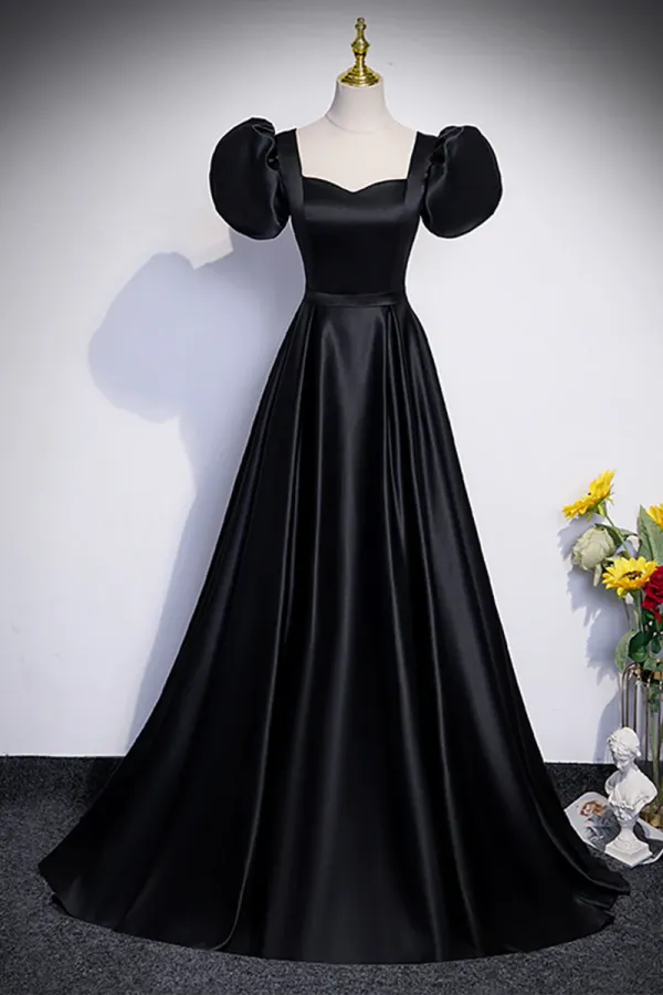 Black Satin Floor Length Prom Dress, Simple Black Short Sleeve Evening Dress APP0853