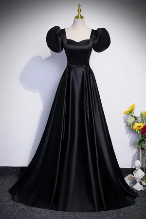 Black Satin Floor Length Prom Dress, Simple Black Short Sleeve Evening Dress APP0853