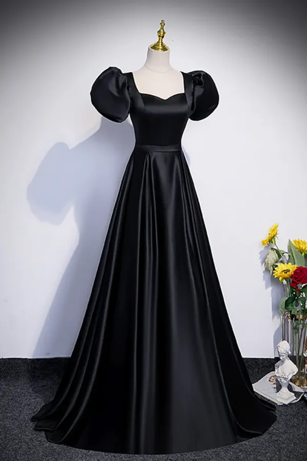 Black Satin Floor Length Prom Dress, Simple Black Short Sleeve Evening Dress APP0853