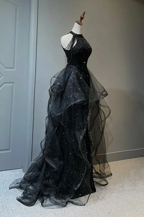 Black Shiny Tulle Long Party Dress with Beaded, Black Evening Dress APP0795
