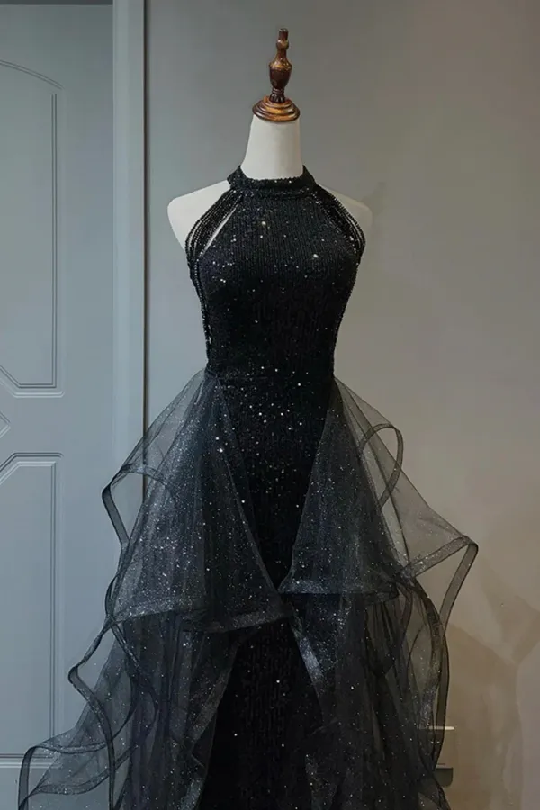 Black Shiny Tulle Long Party Dress with Beaded, Black Evening Dress APP0795