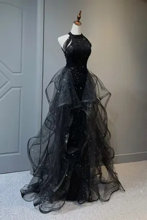 Black Shiny Tulle Long Party Dress with Beaded, Black Evening Dress APP0795