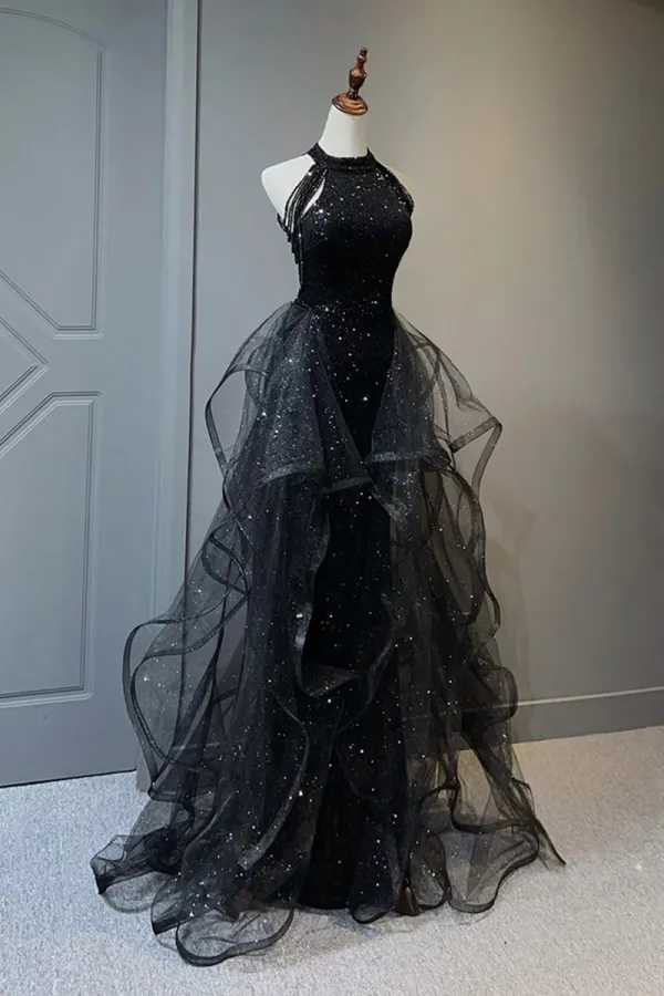 Black Shiny Tulle Long Party Dress with Beaded, Black Evening Dress APP0795