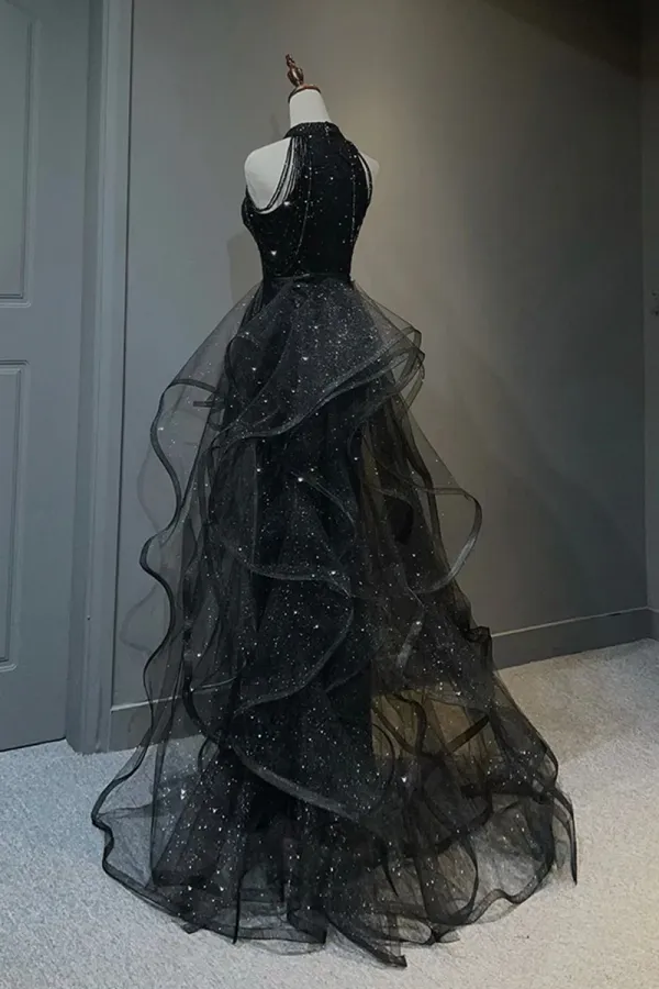Black Shiny Tulle Long Party Dress with Beaded, Black Evening Dress APP0795