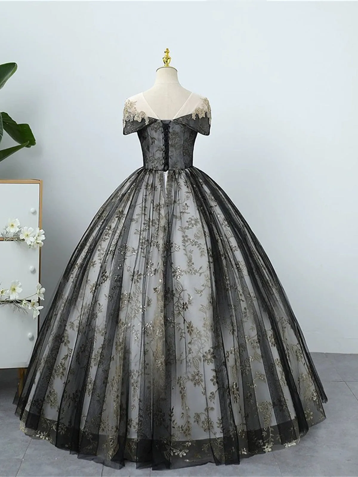Black Tulle and Lace Round Neckline Party Dress, Black Long Lace Prom Dress
