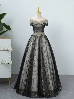Black Tulle and Lace Round Neckline Party Dress, Black Long Lace Prom Dress