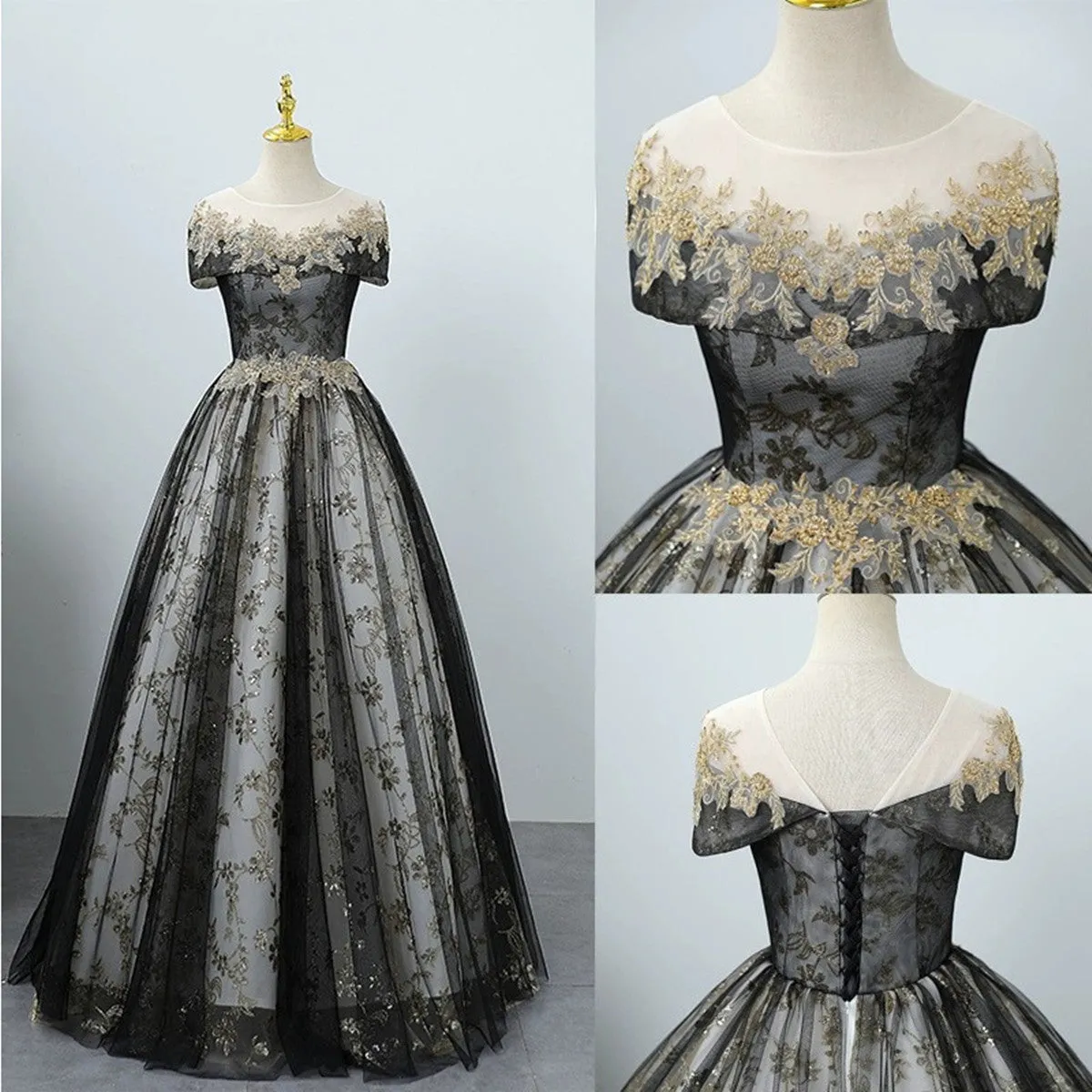 Black Tulle and Lace Round Neckline Party Dress, Black Long Lace Prom Dress