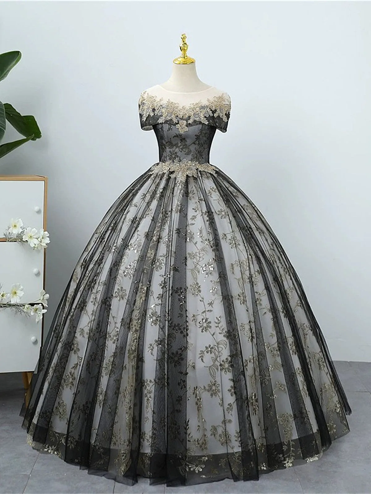 Black Tulle and Lace Round Neckline Party Dress, Black Long Lace Prom Dress