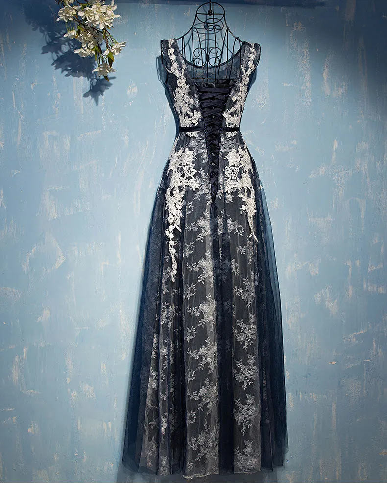 Black Tulle Applique Lace Up Back Formal Cheap Long Prom Dresses, BGP006